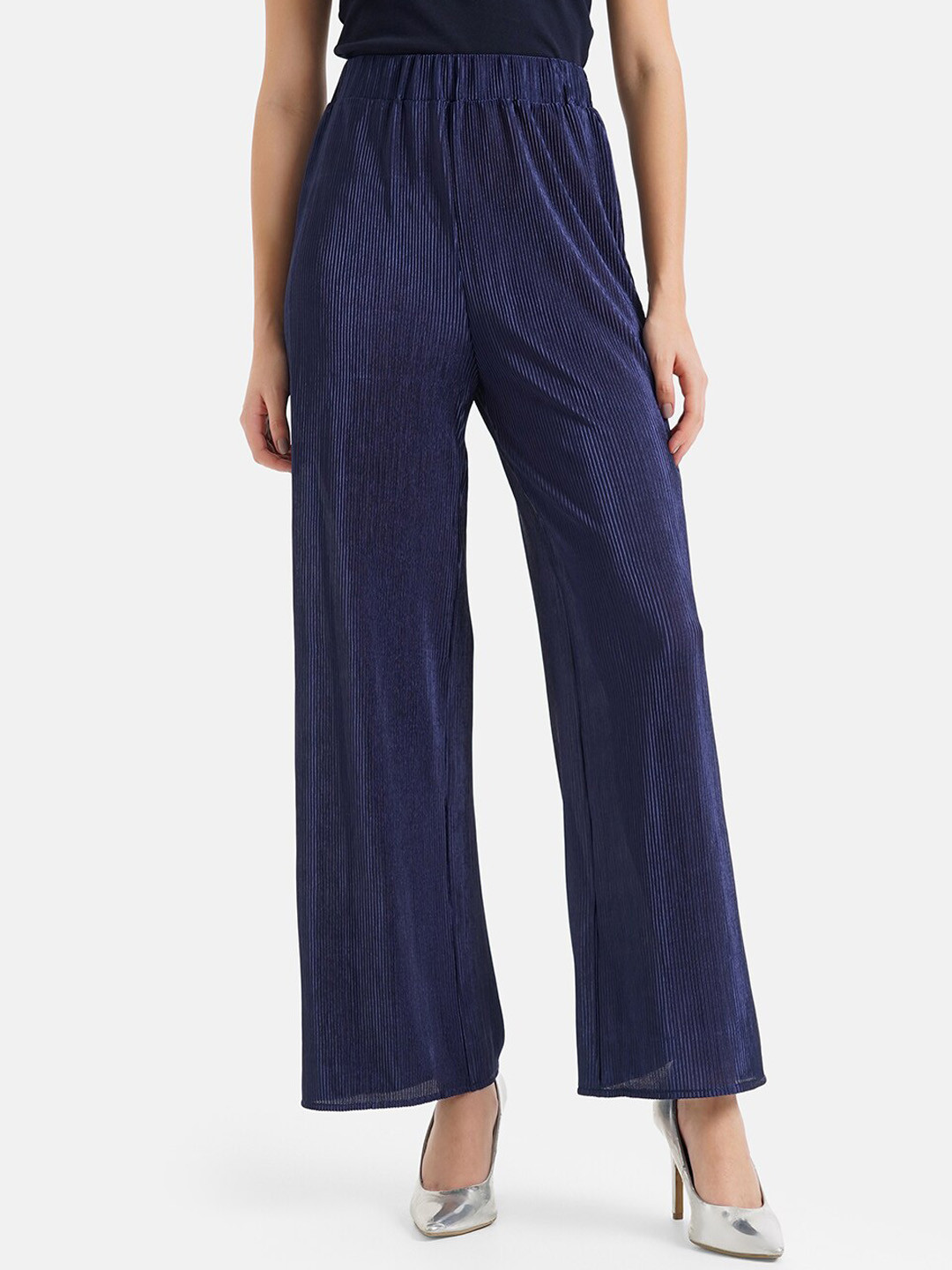Kazo Women Navy Blue Relaxed Loose Fit High-Rise Parallel Pleated Trousers