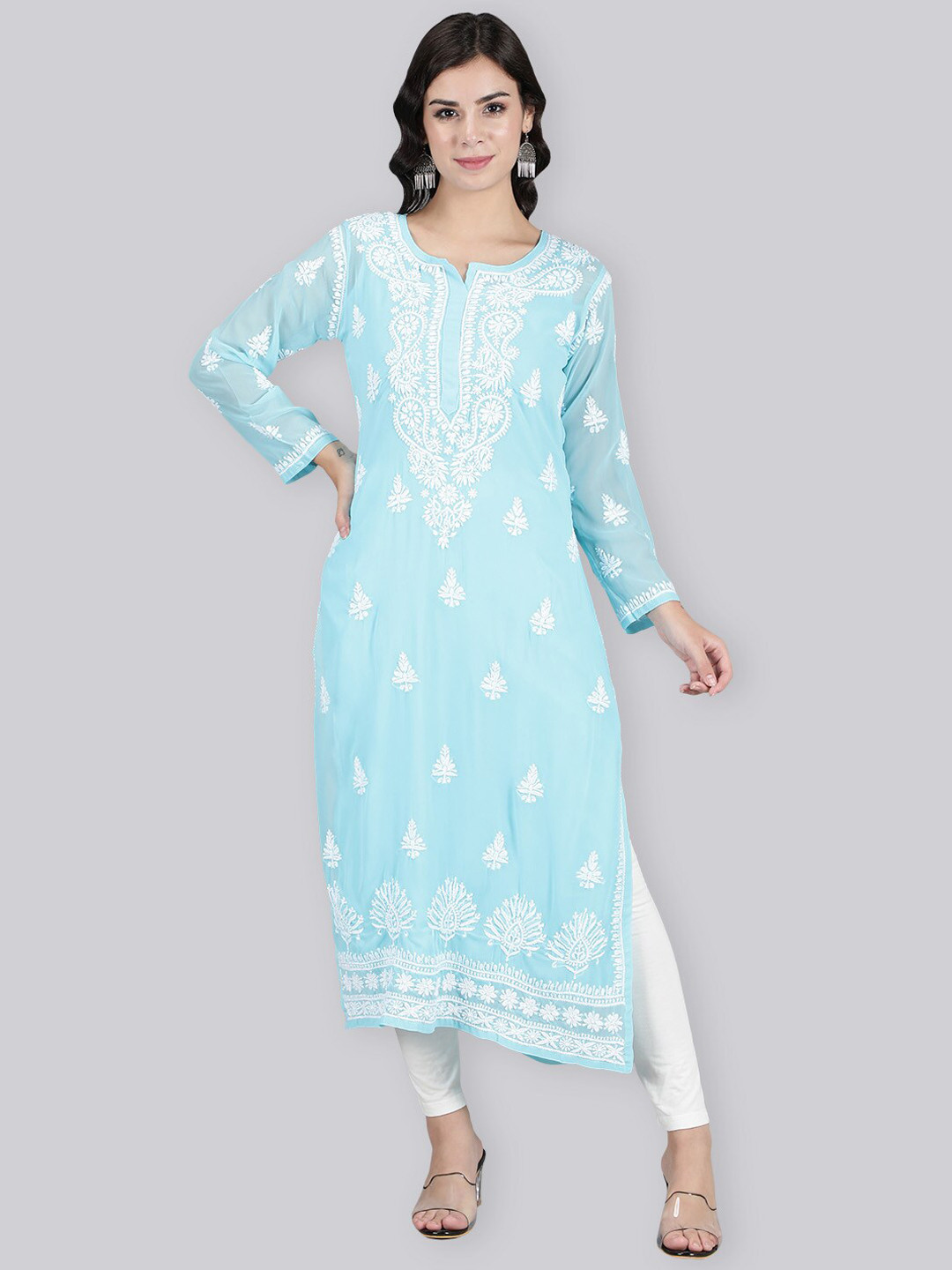 Seva Chikan Chikankari Embroidered Round Notched Neck Straight Kurta With Slip