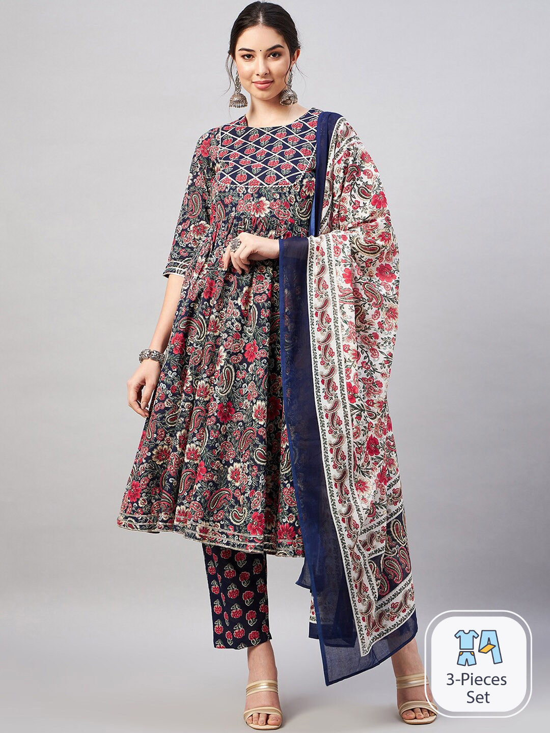 WineRed Paisley Printed Gotta Patti Pure Cotton Anarkali Kurta With Palazzos & Dupatta
