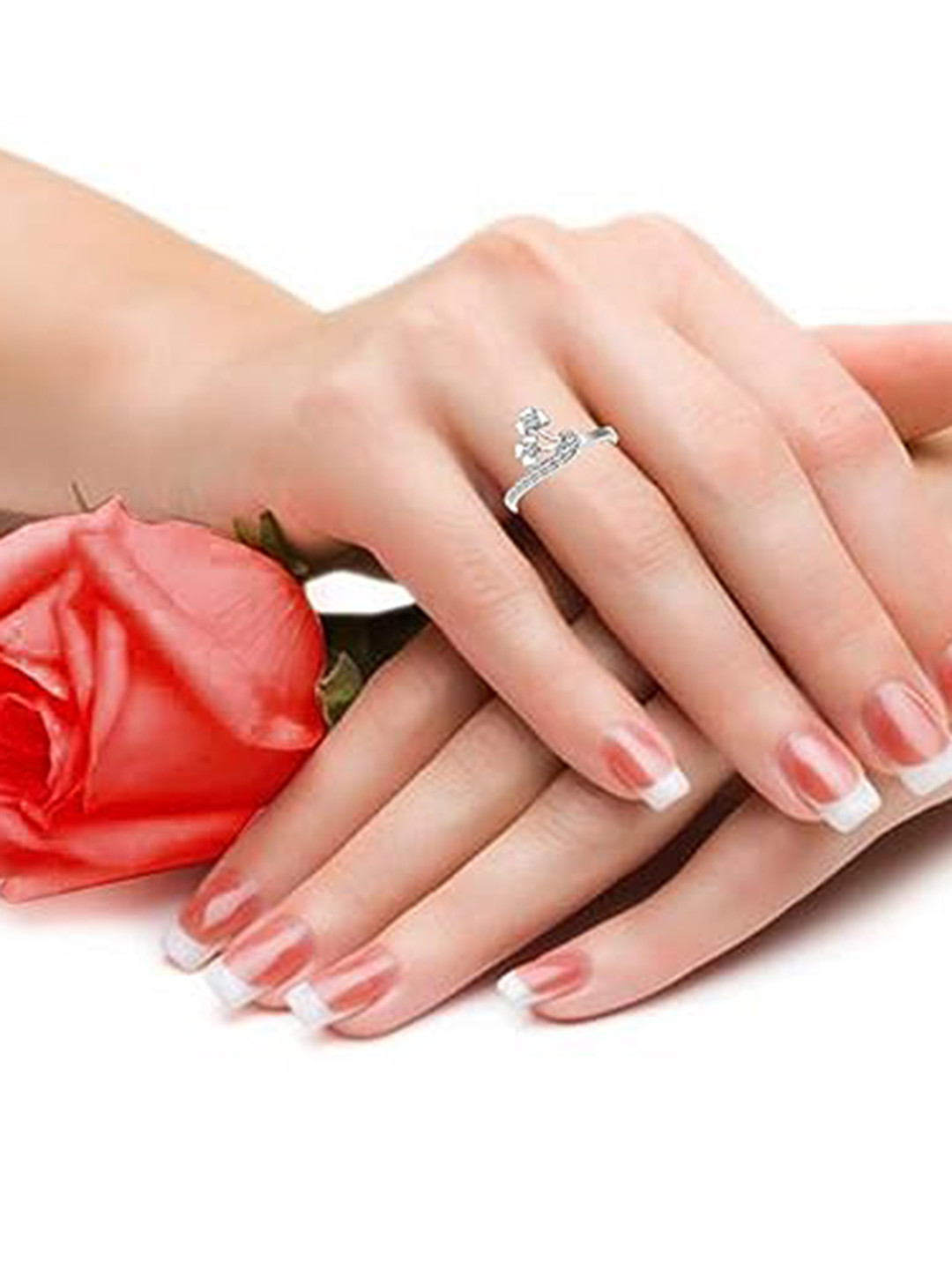 Vighnaharta Rhodium-Plated CZ-Studded Valentine Day Flory Twin Finger Ring