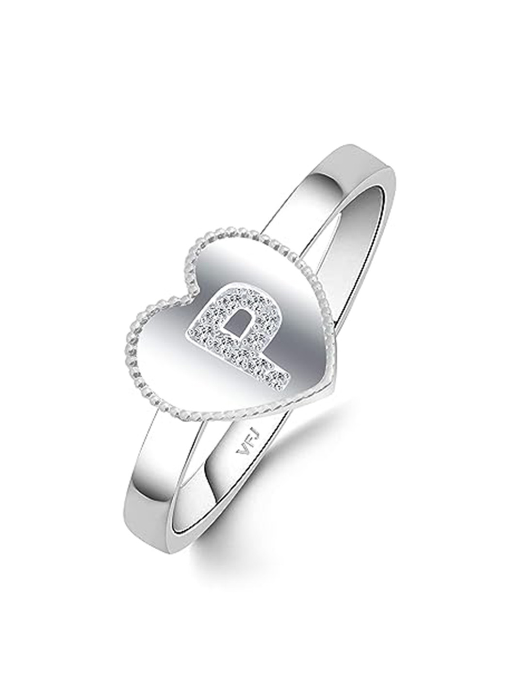 Vighnaharta Rhodium-Plated Cubic Zirconia Studded 'P' Letter Heart-Shaped Finger Ring