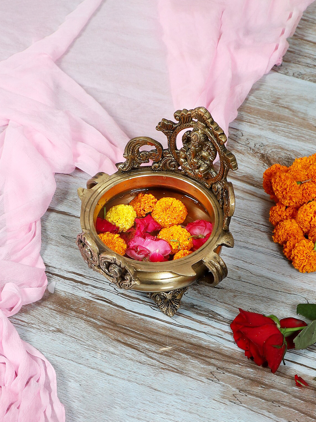 Two Moustaches Bronze Ganesha Decorative Brass Urli Bowl