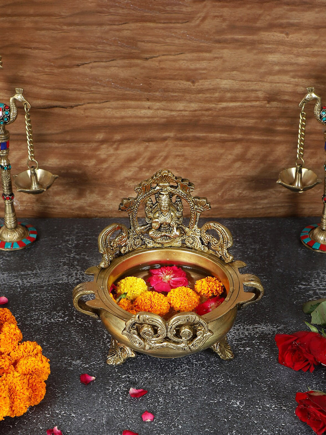 Two Moustaches Gold-toned Ethnic Carved Laxmi Design Decorative Bowl
