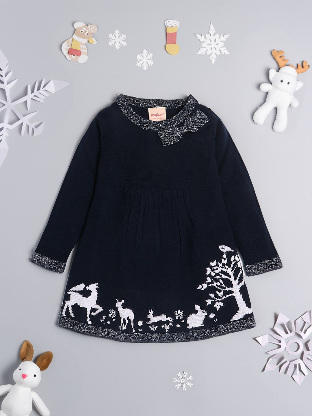 Nauti Nati Girls Printed Acrylic Sweater Dress With Bow Detail