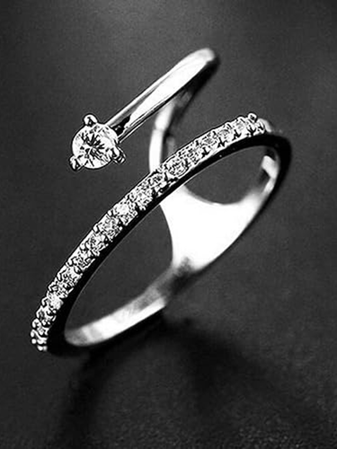 Vighnaharta Rhodium-Plated CZ-Stone Studded Half Round-Shaped Finger Ring