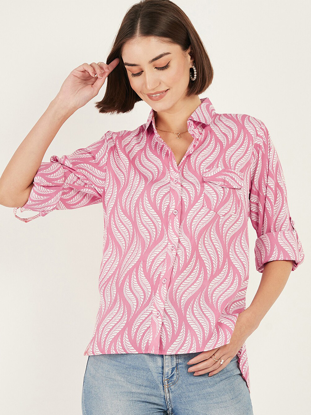 DressBerry Pink Floral Printed Casual Shirt