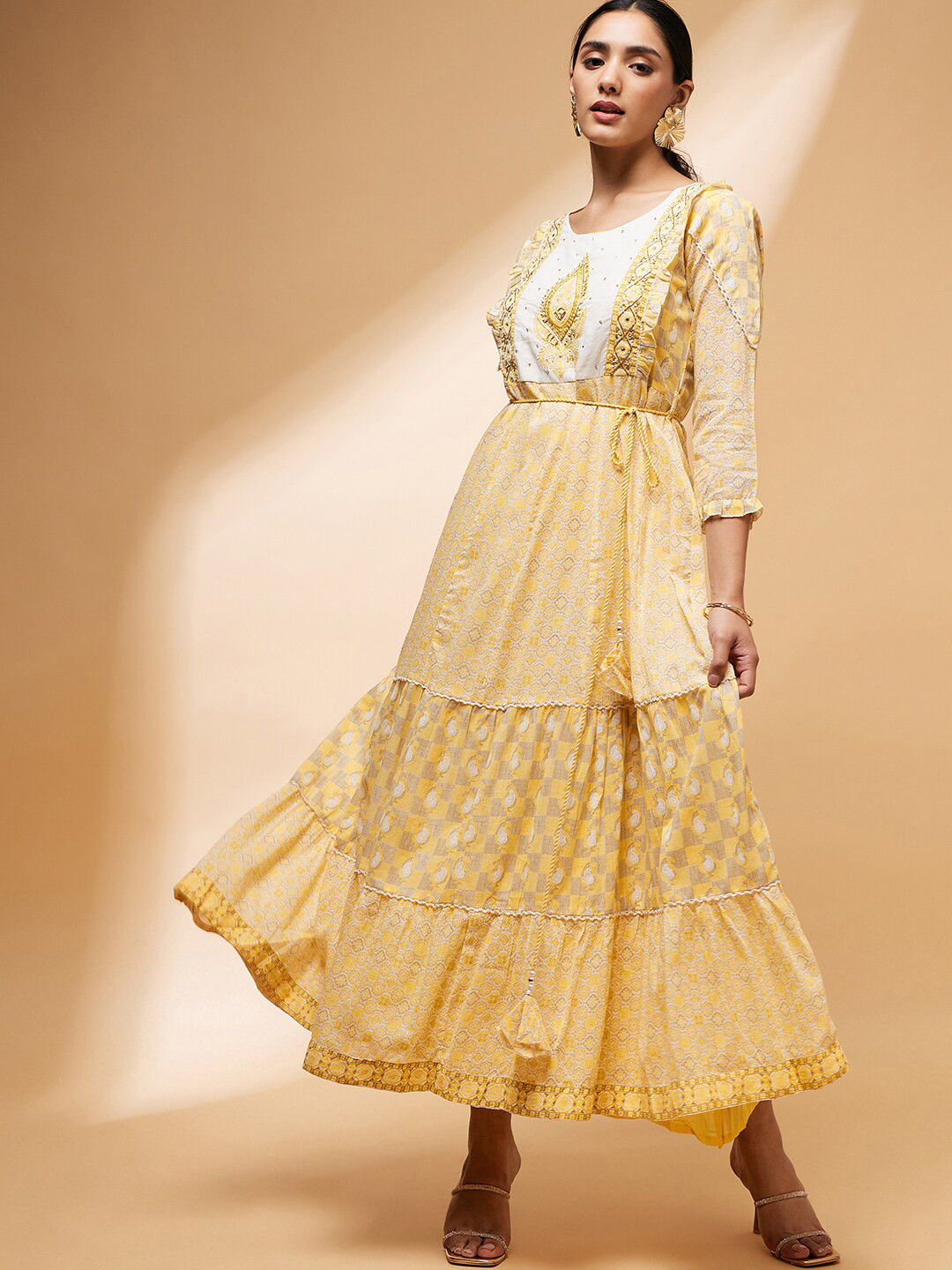 all about you Ethnic Motifs Printed Ruffles Tiered Cotton Ethnic Gown