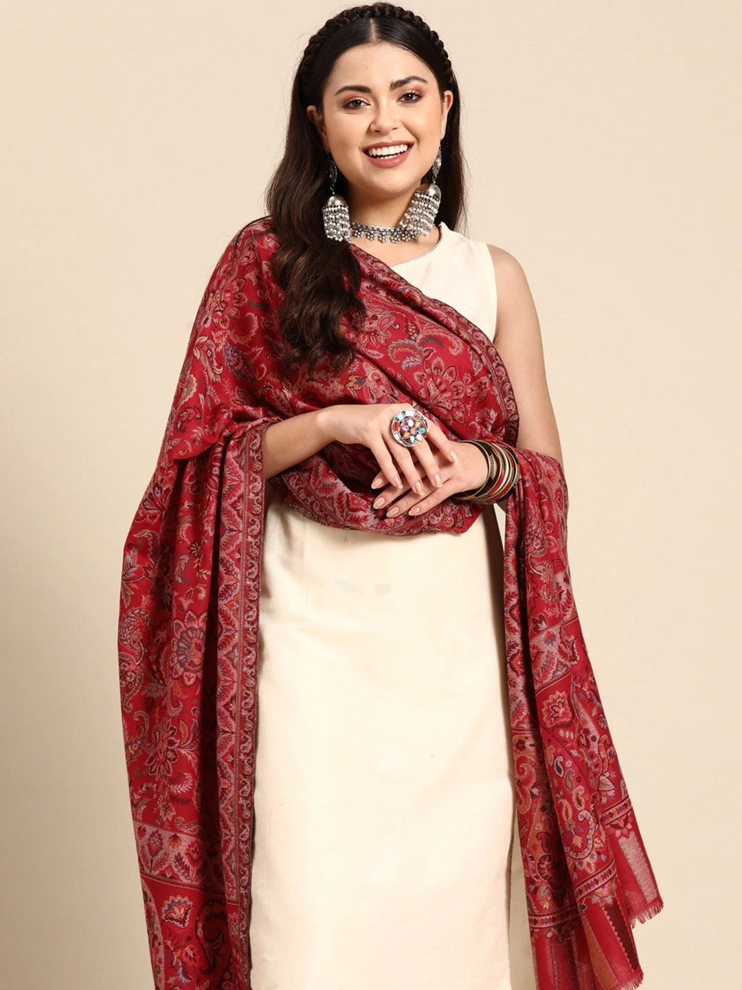 Sangria Floral Woven Design Wool Stoles