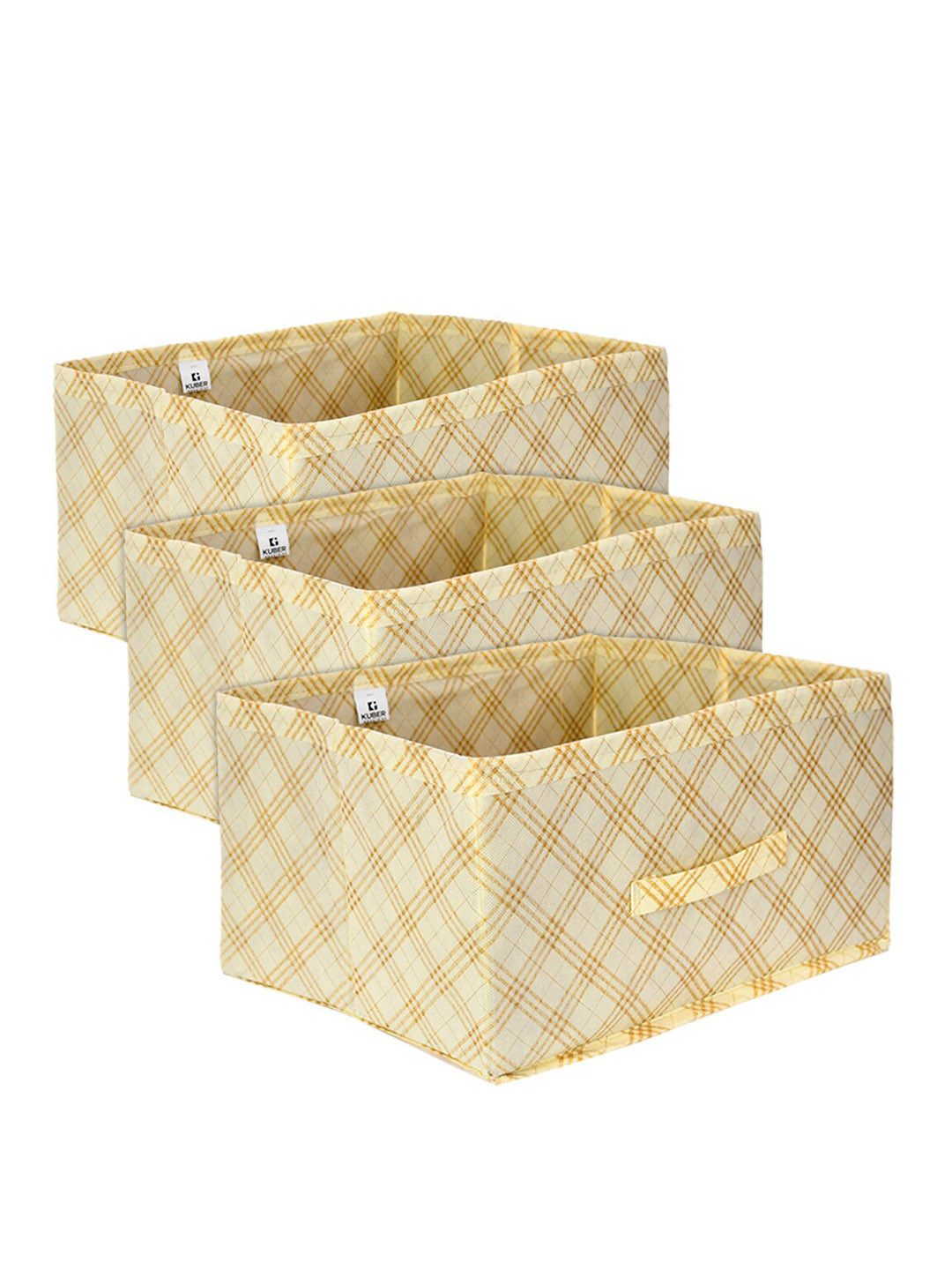 Kuber Industries 3-Pcs Cream-Coloured Checked Non-Woven Storage Box Organisers