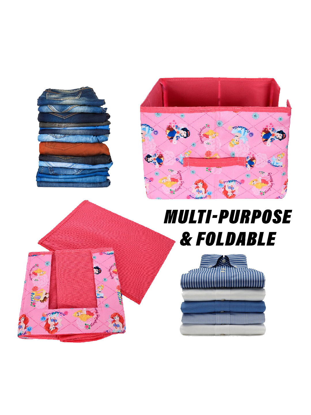 Kuber Industries Pink Disney Princess Printed Non-Woven Storage Box Organiser with Handle