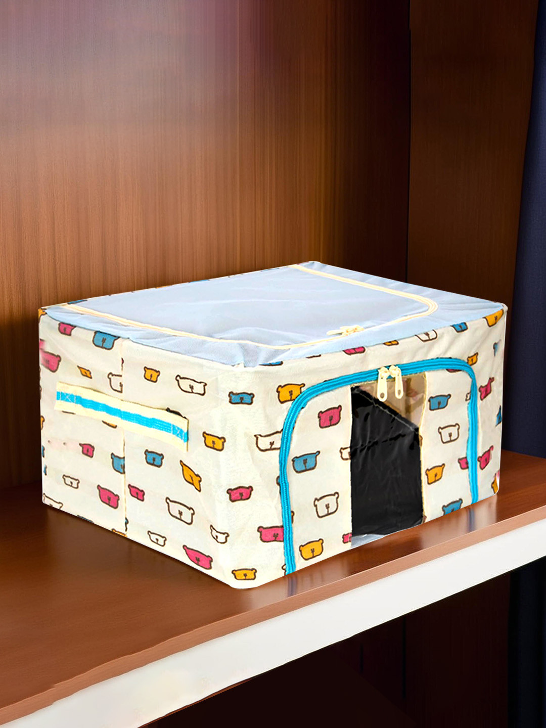 Kuber Industries Blue & White Printed Steel Frame Storage Box Organisers