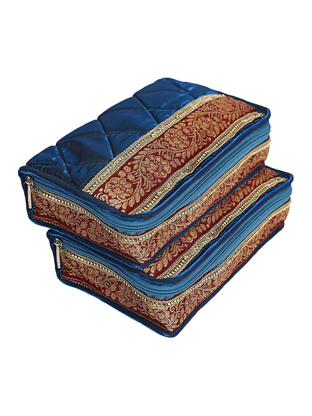 Kuber Industries Blue & Maroon Printed 2 Pieces 5 Pouch Foldable Jewellery Organisers