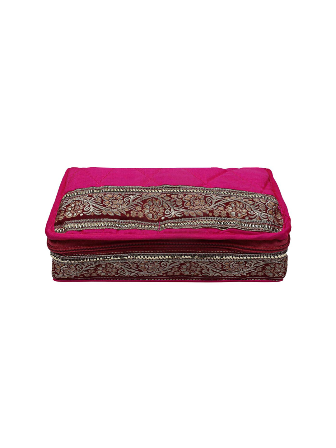 Kuber Industries Pink 5-Pouch Cotton Foldable Lace Jewellery Kit