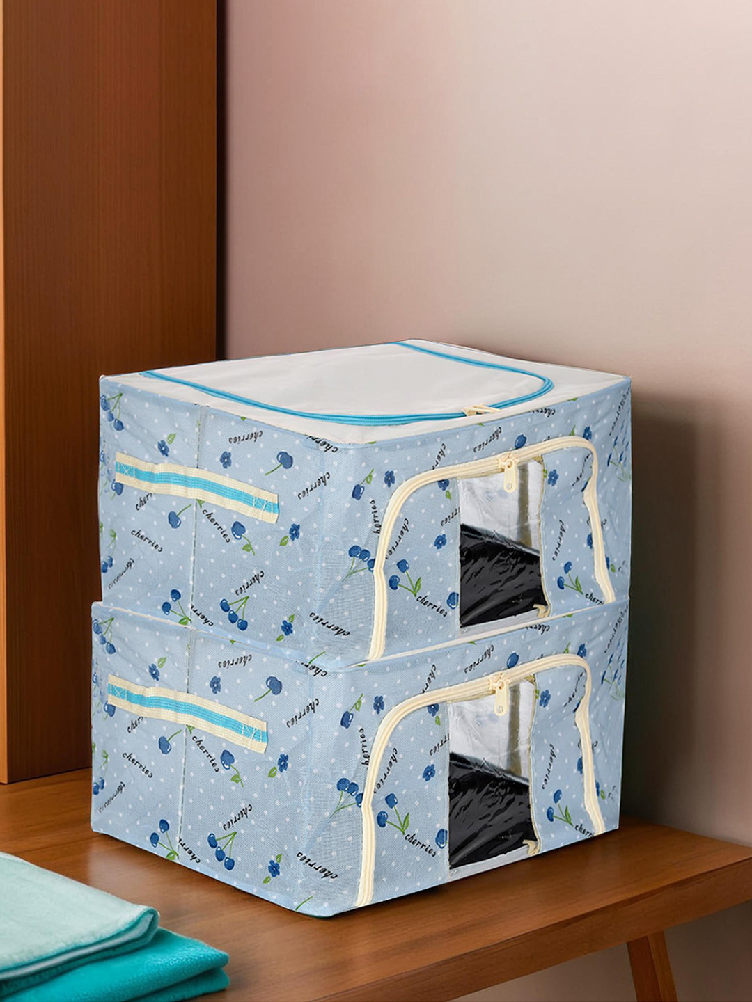 Kuber Industries Blue 2-Pieces Printed Steel Frame Storage Box Organisers