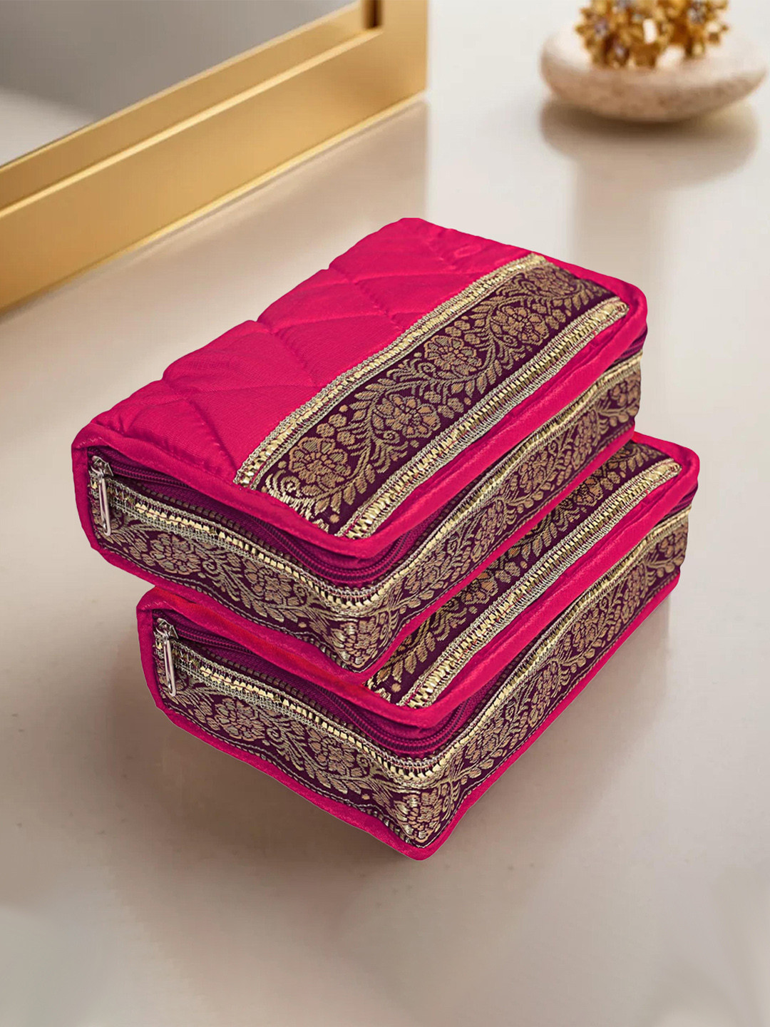 Kuber Industries Pink 2 Pieces 5 Pouch Foldable Jewellery Kit Organisers