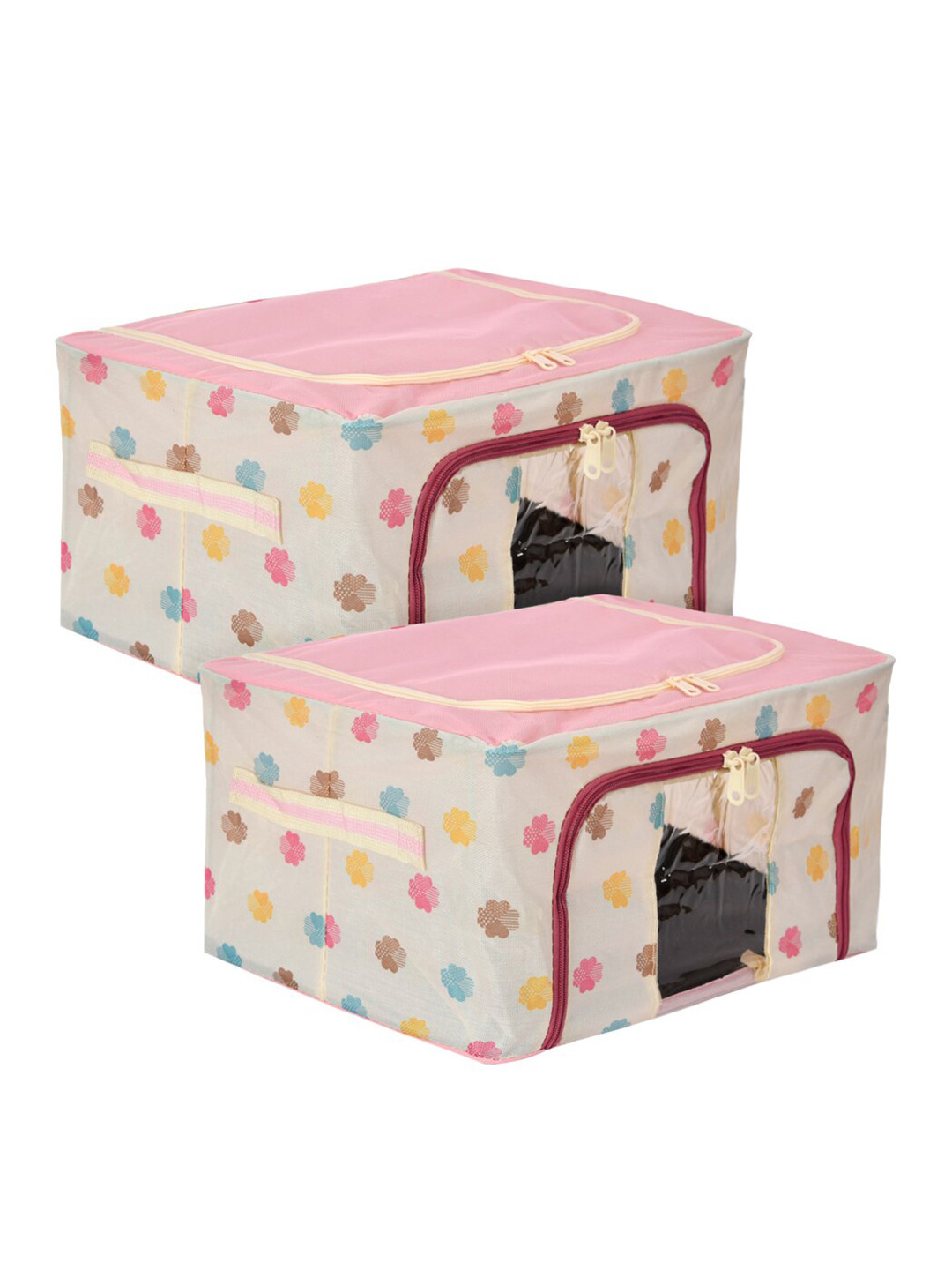 Kuber Industries 2-Pcs Pink Printed Steel Frame Storage Box Organisers