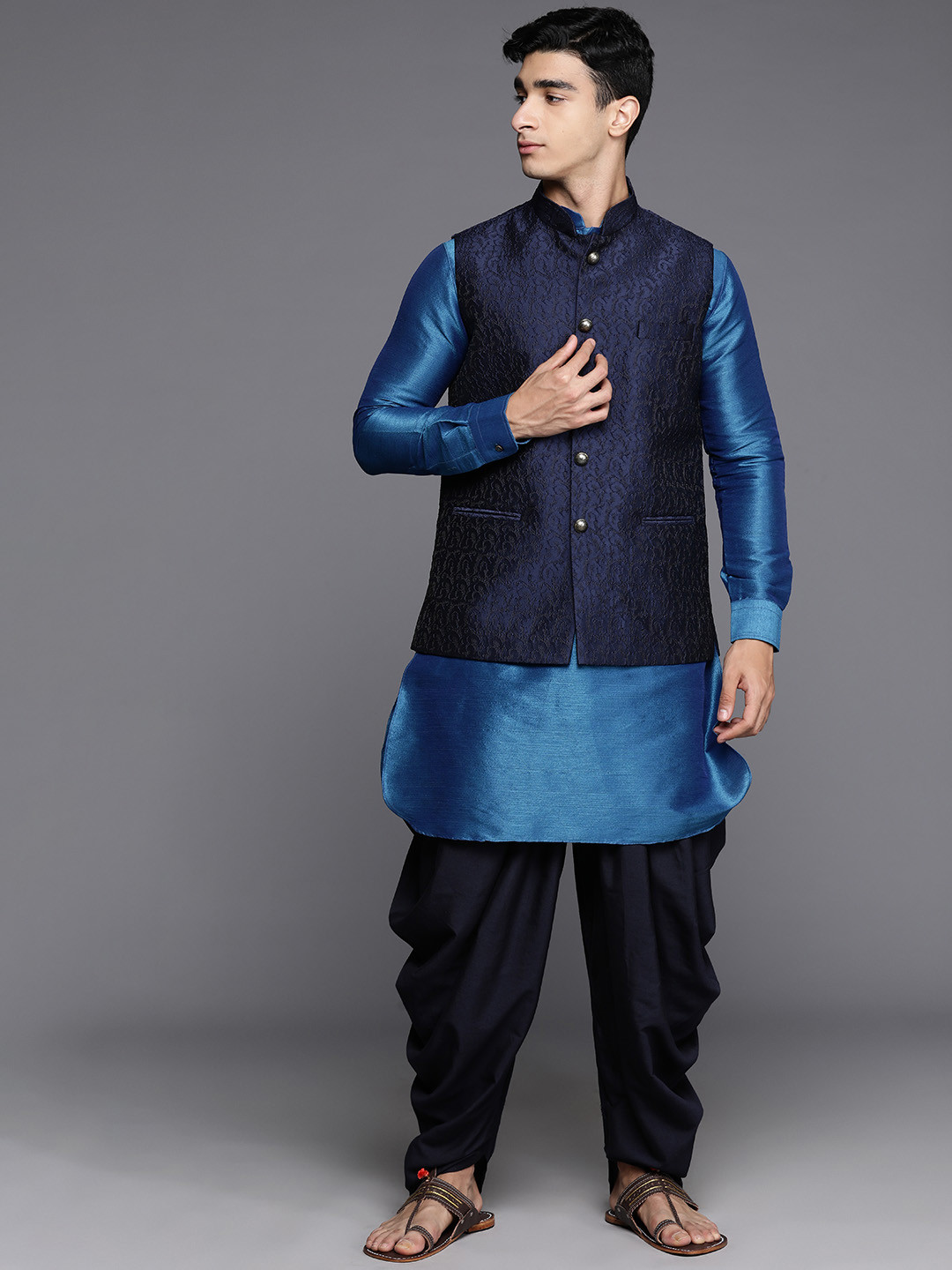 Manu Men Solid Kurta with Dhoti Pants & Self Designed Nehru Jacket