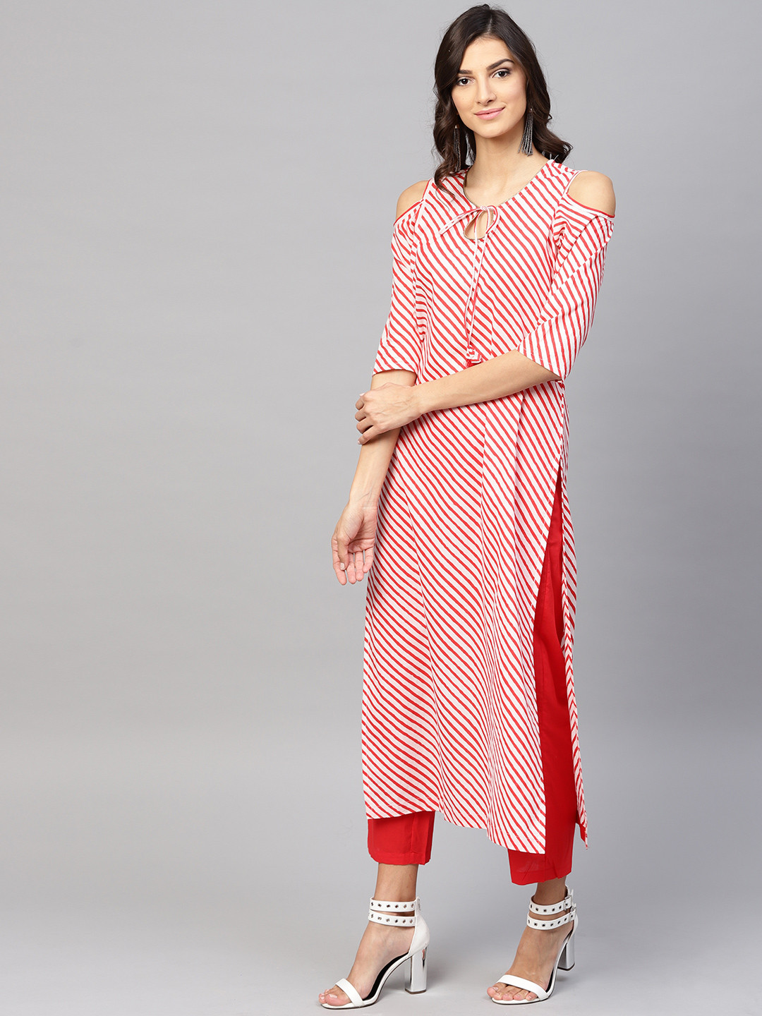 Nayo Women Red Striped Kurta with Palazzos