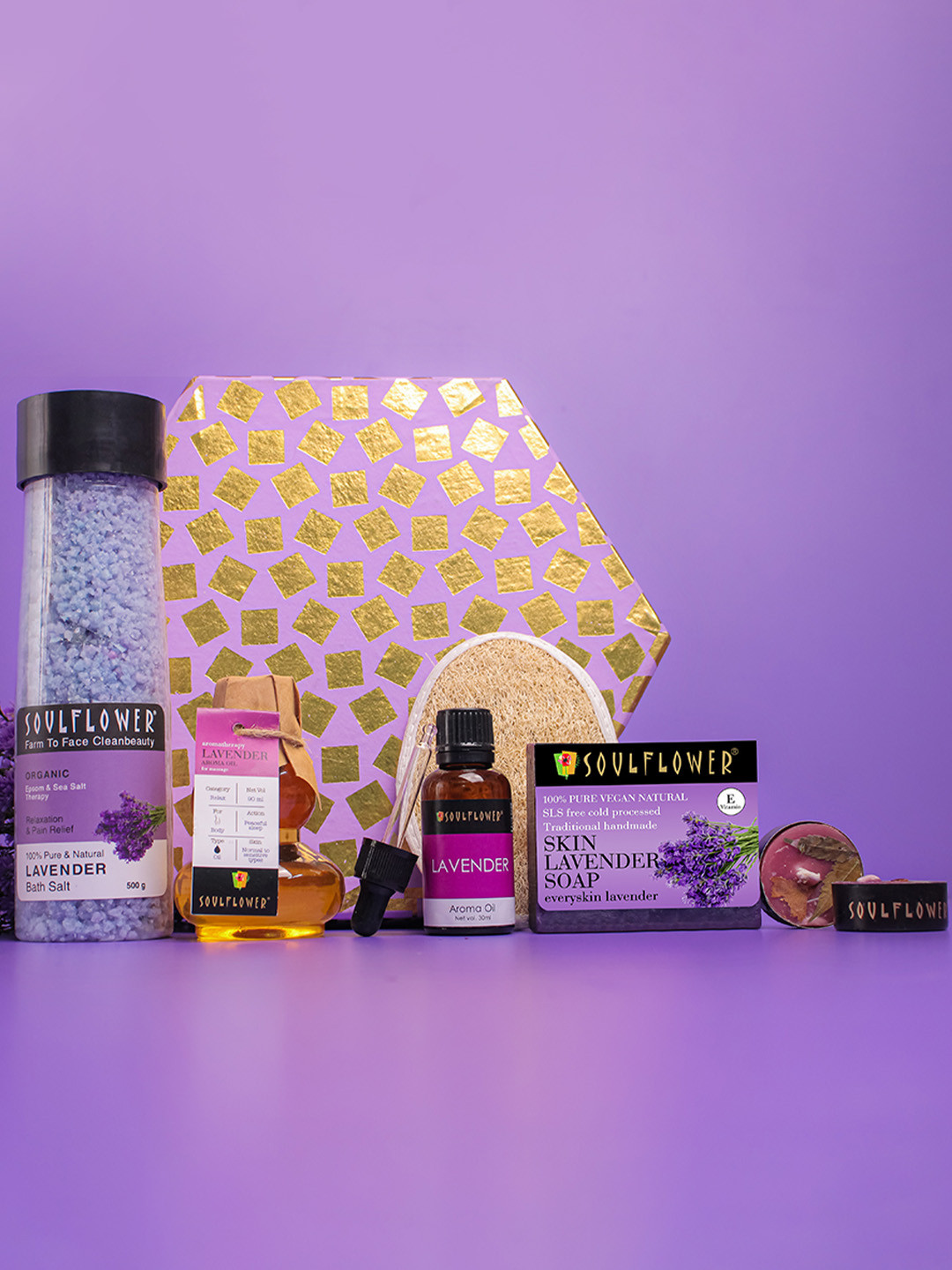 Soulflower Lavender Hexagon Bath & Body Skincare Beauty Gift Set