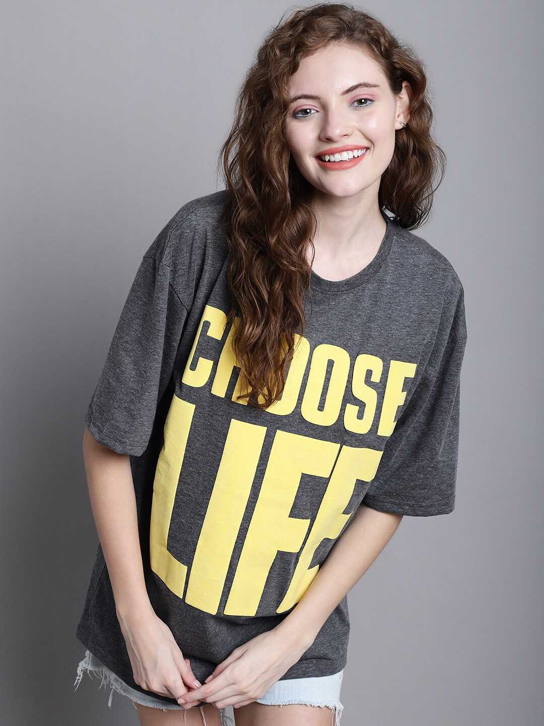 DOOR74 Typography Printed Longline Oversized Cotton T-shirt