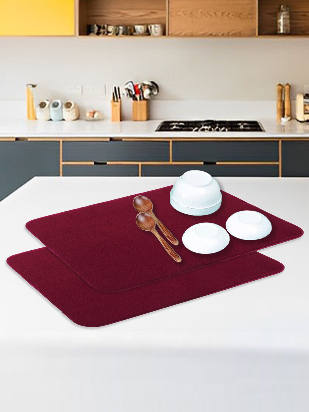 Kuber Industries Maroon 2 Pieces Reversible Dish Drying Mats