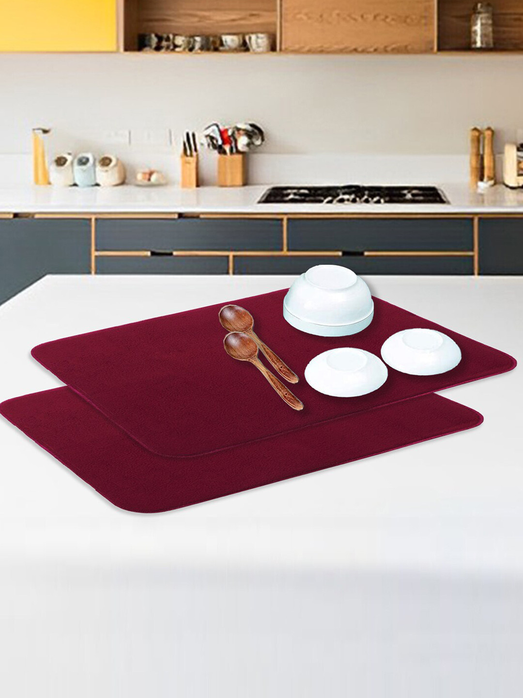 Kuber Industries Maroon 2 Pieces Reversible Dish Drying Mats