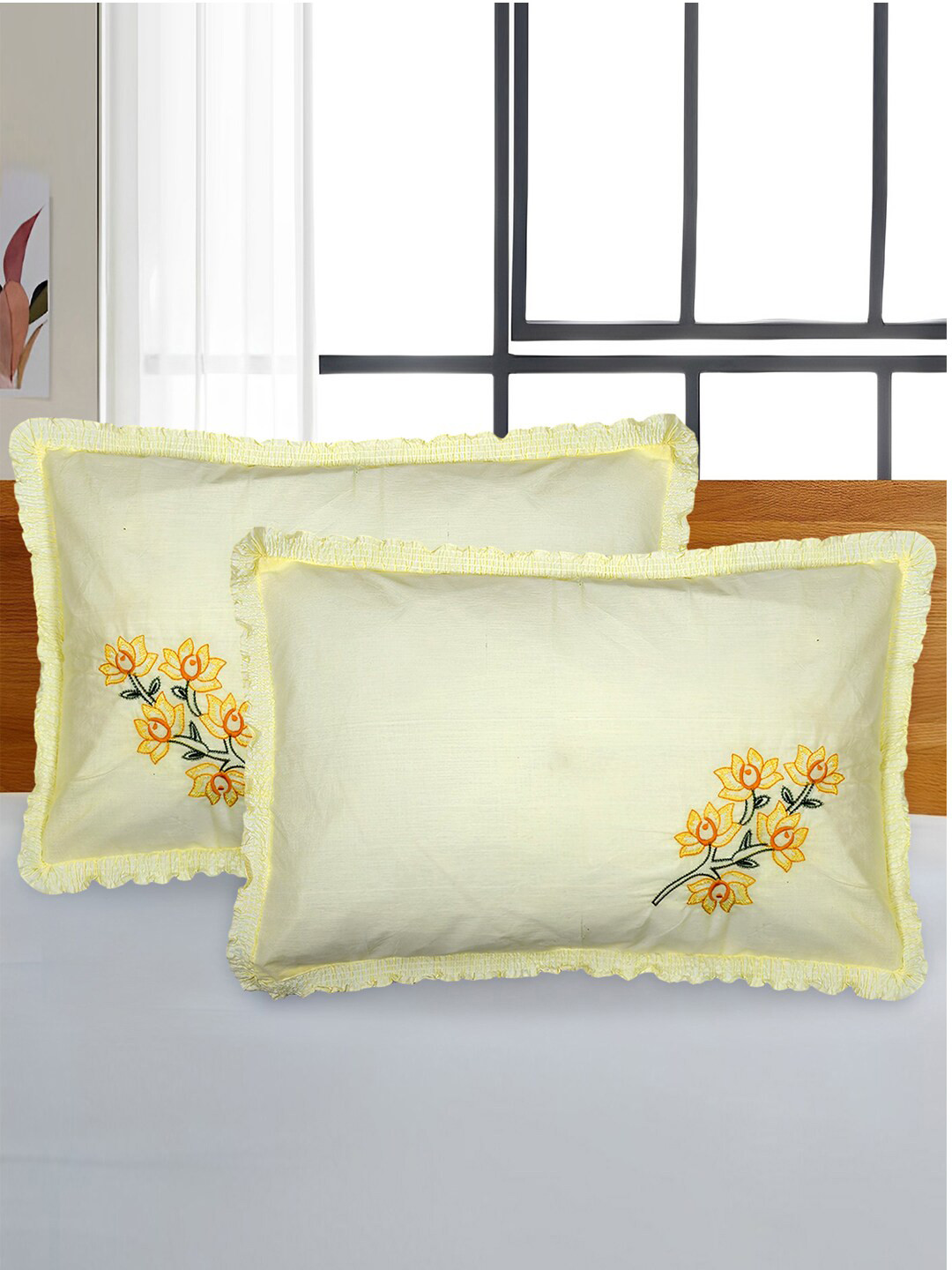 Kuber Industries Cream-Coloured 2 Pieces Floral Embroidered Cotton Pillow Covers