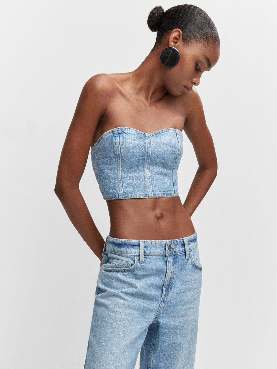 MANGO Blue Cotton Denim Bardot Crop Top