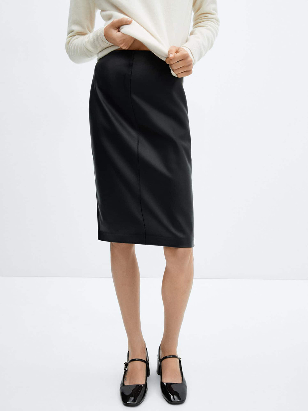 MANGO Faux Leather Back Slit Straight Midi Skirt