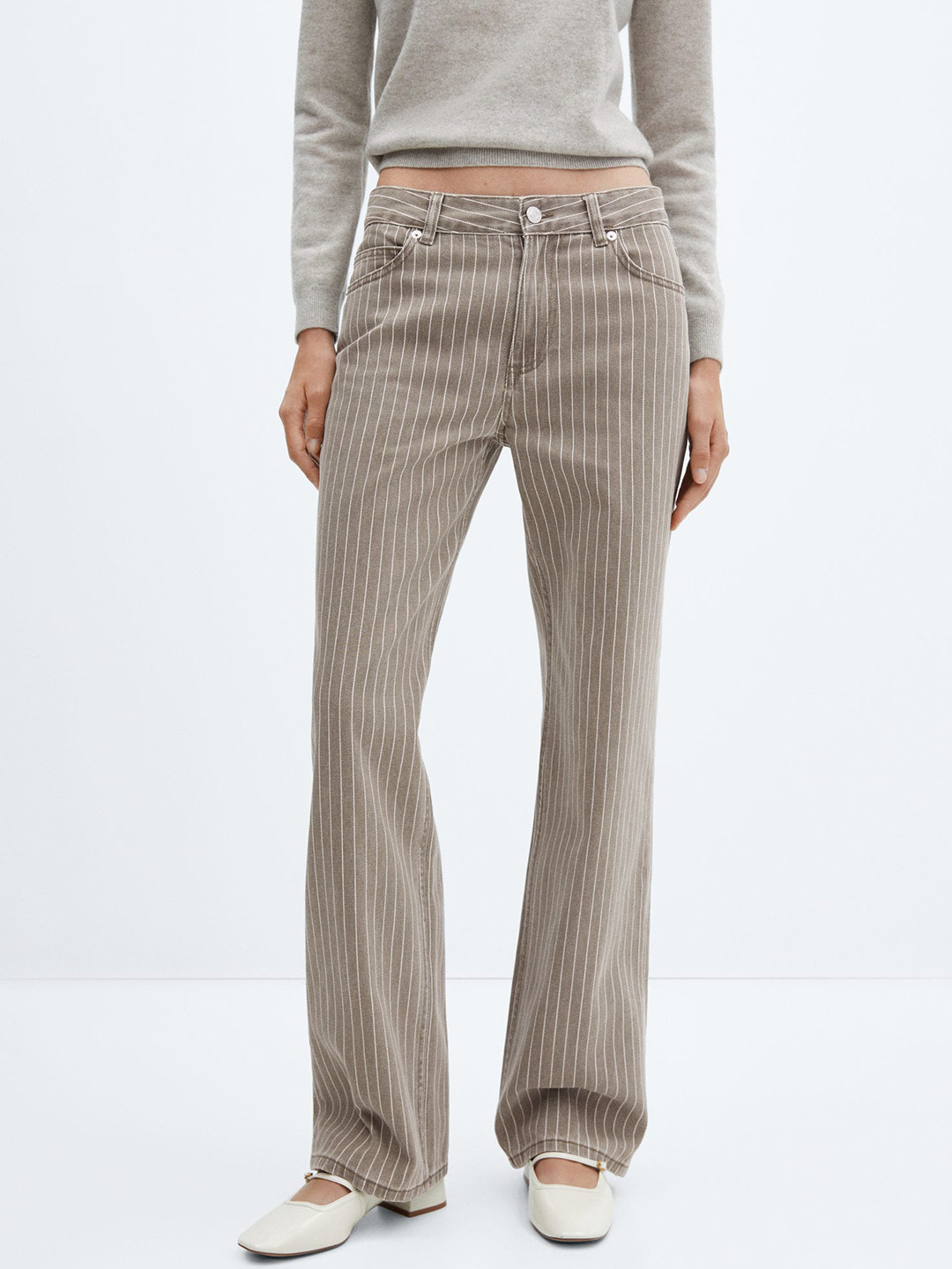 MANGO Women Wide Leg Pinstriped Pure Cotton Jeans