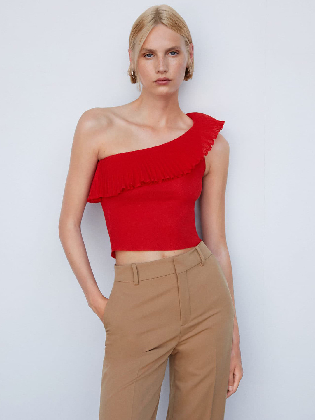 MANGO One-Shoulder Ruffles Crop Top