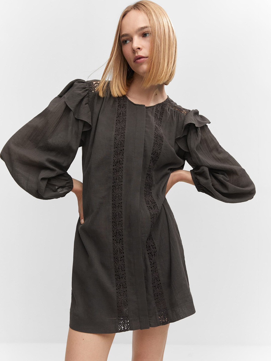 MANGO Coffee Brown Puff Sleeve A-Line Mini Dress