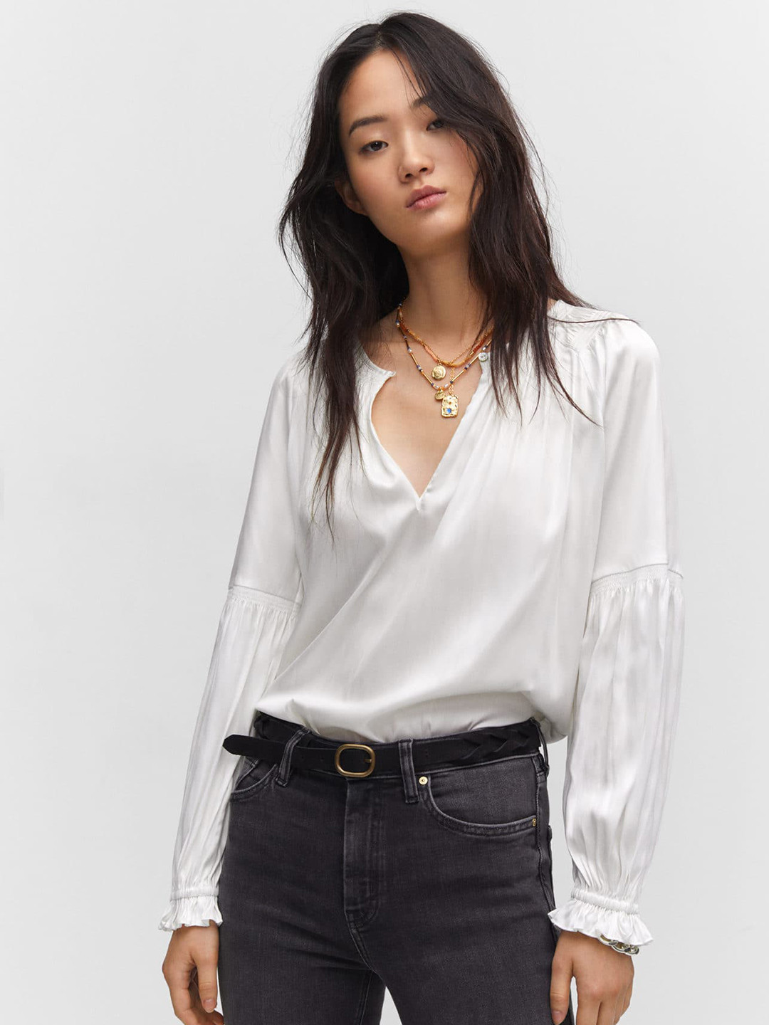 MANGO Puff Sleeve Smocked Top