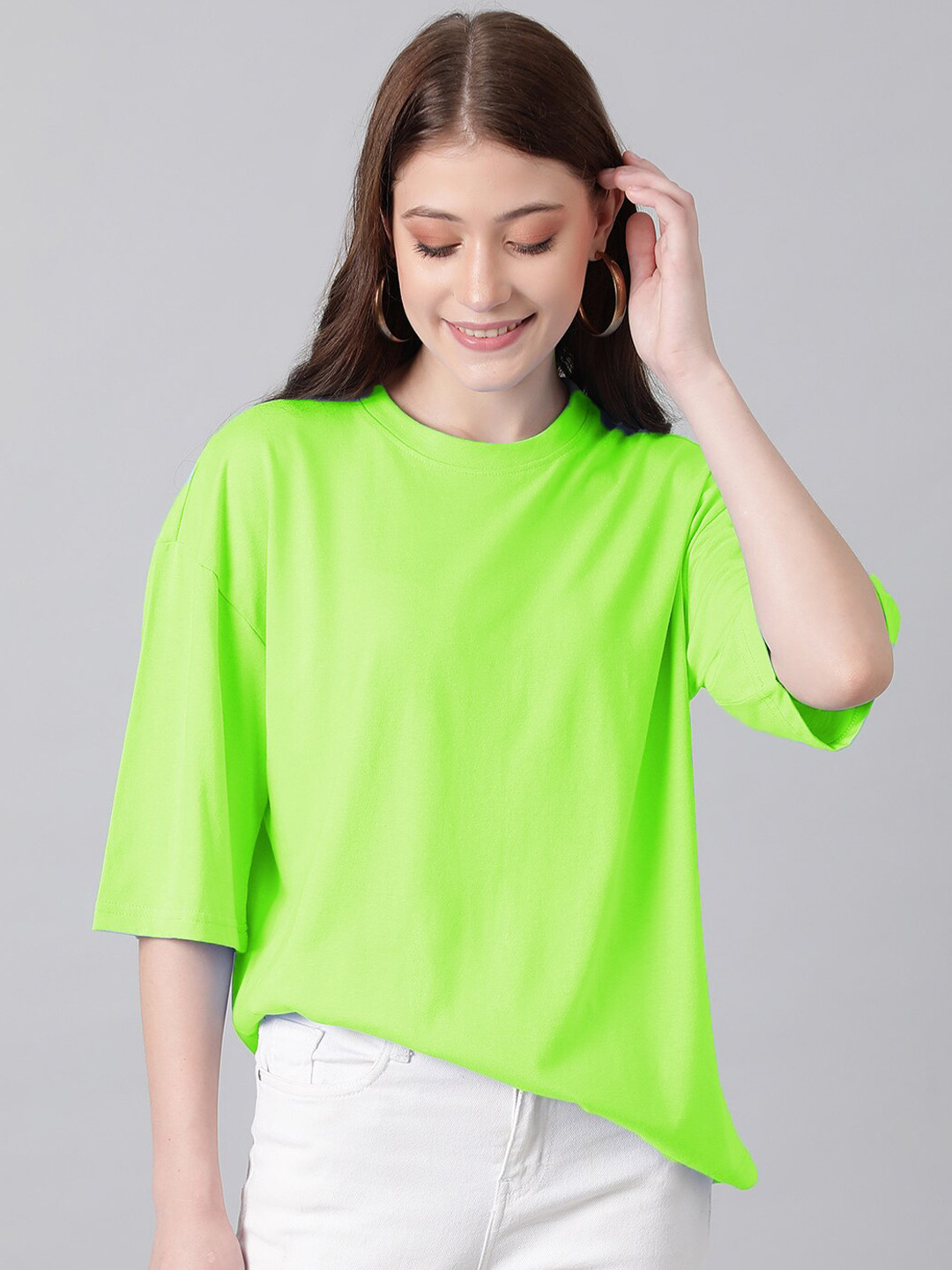KOTTY Basics Round Neck Drop-Shoulder Sleeves Oversized T-shirt