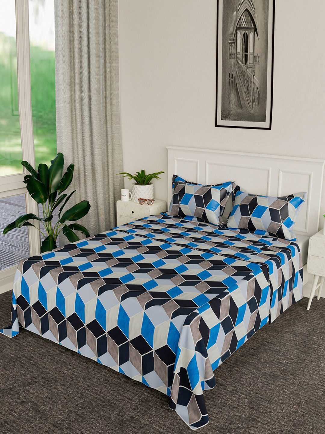 Kuber Industries Veda Blue Geometric Cotton Wrinkle Free 144 TC Queen Bedsheet with 2 Pillow Covers-94 x 89 inches