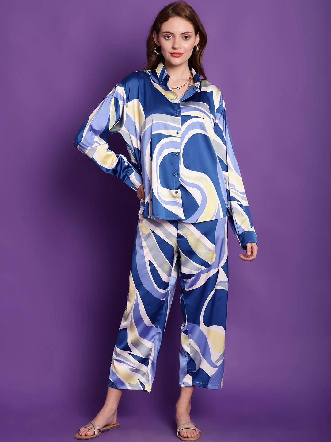 Tag 7 Loose-Fit Printed Satin Shirt & Trousers Co-Ords