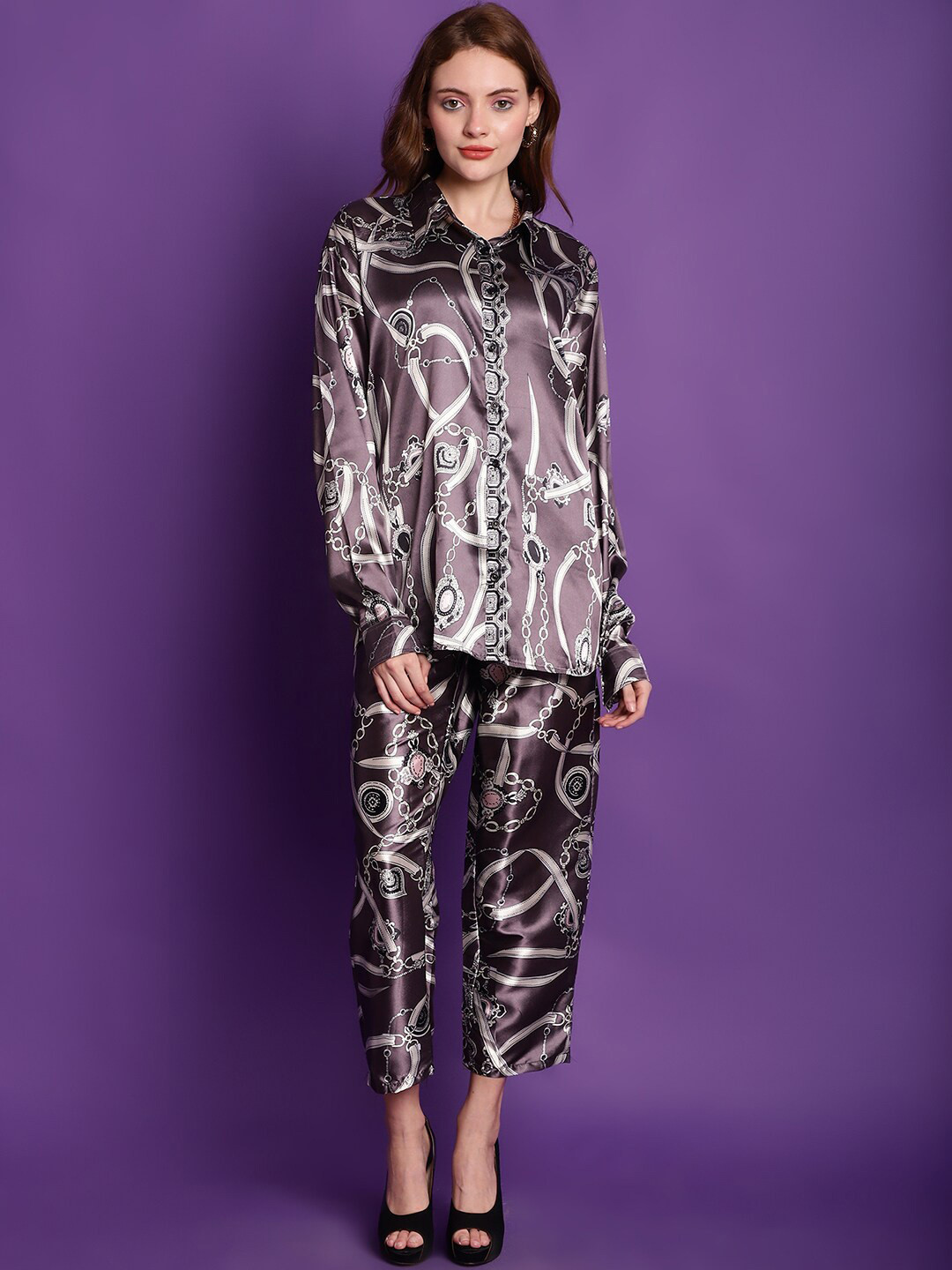 Tag 7 Printed Loose-Fit Satin Shirt & Trousers