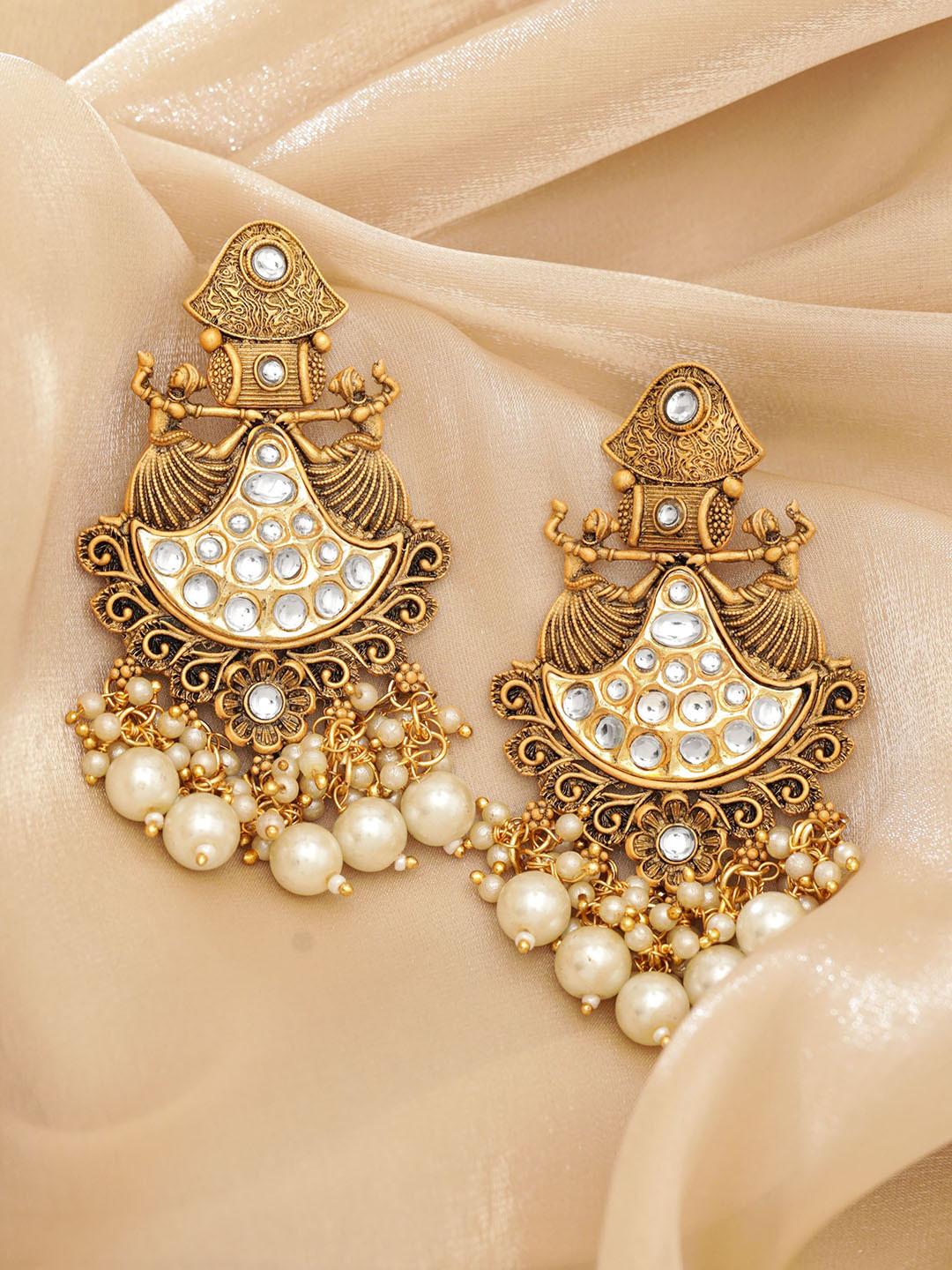 Rubans 22K Gold-Plated Kundan Studded with Pearl Drops Chandbali Earrings