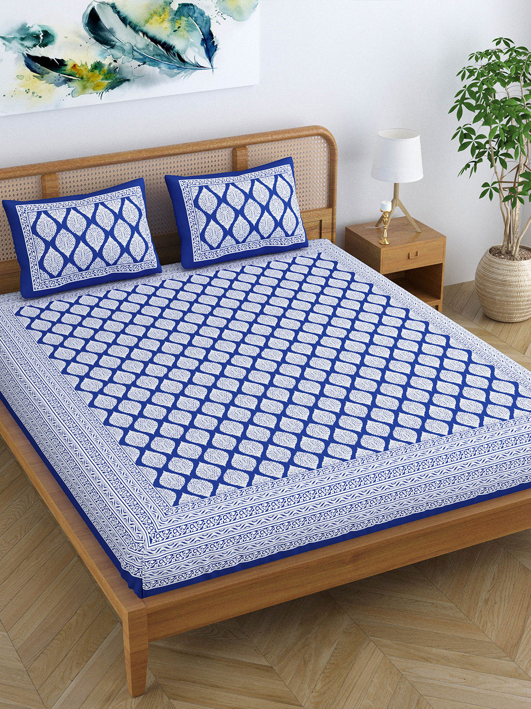 SheetKart Blue & White Printed 120 TC Queen Bedsheet with 2 Pillow Covers