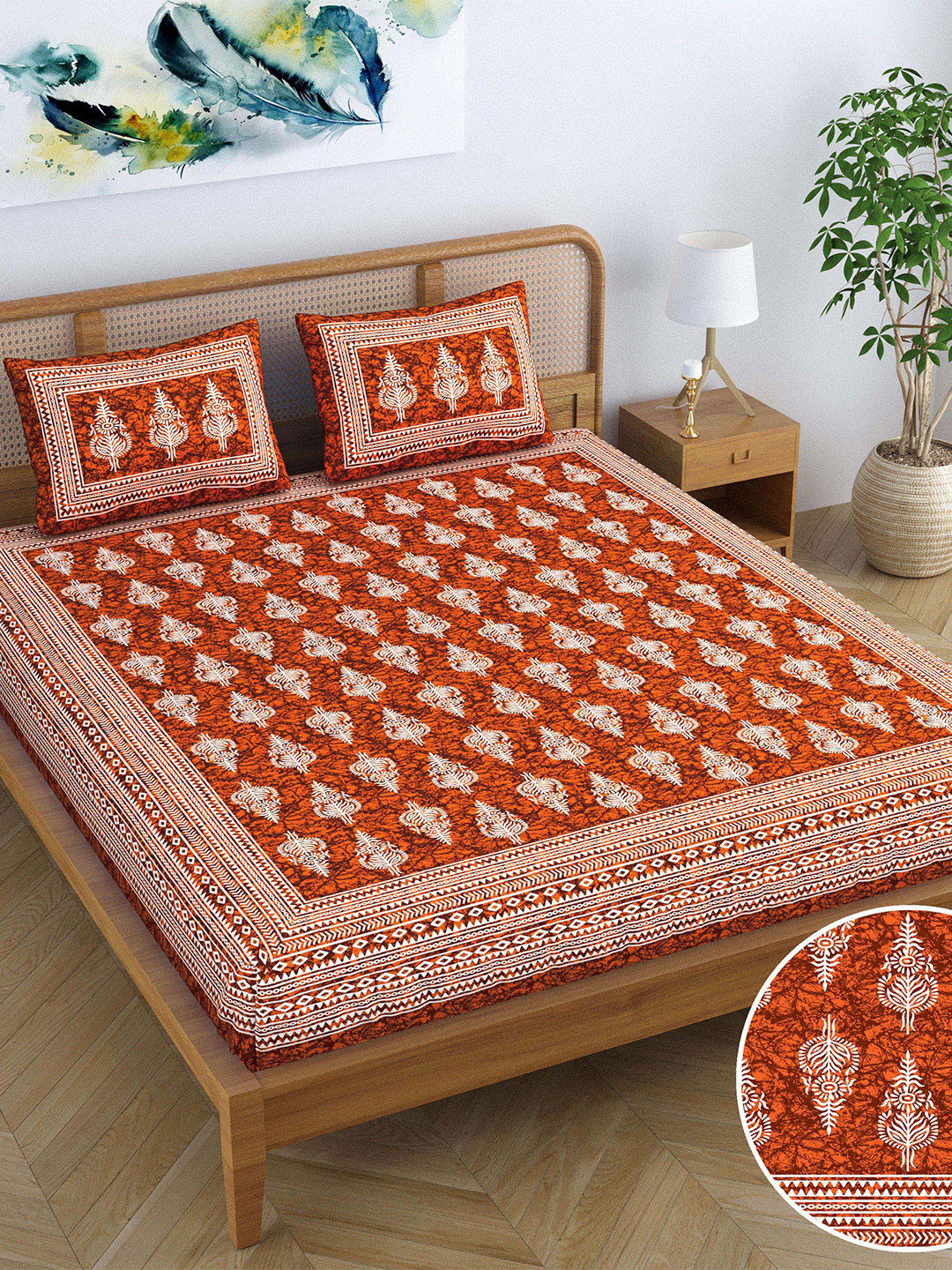 SheetKart Red & White Printed Cotton 120 TC Queen Bedsheet with 2 Pillow Covers