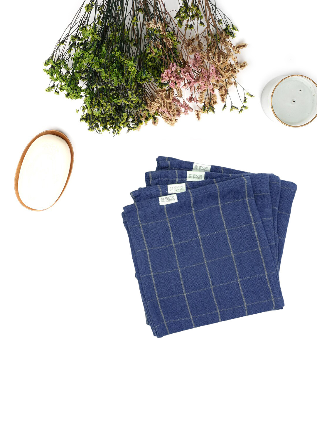 Doctor Towels French Blue Checked 380GSM Set of 4 Anti-Bacterial  Banana face Towels