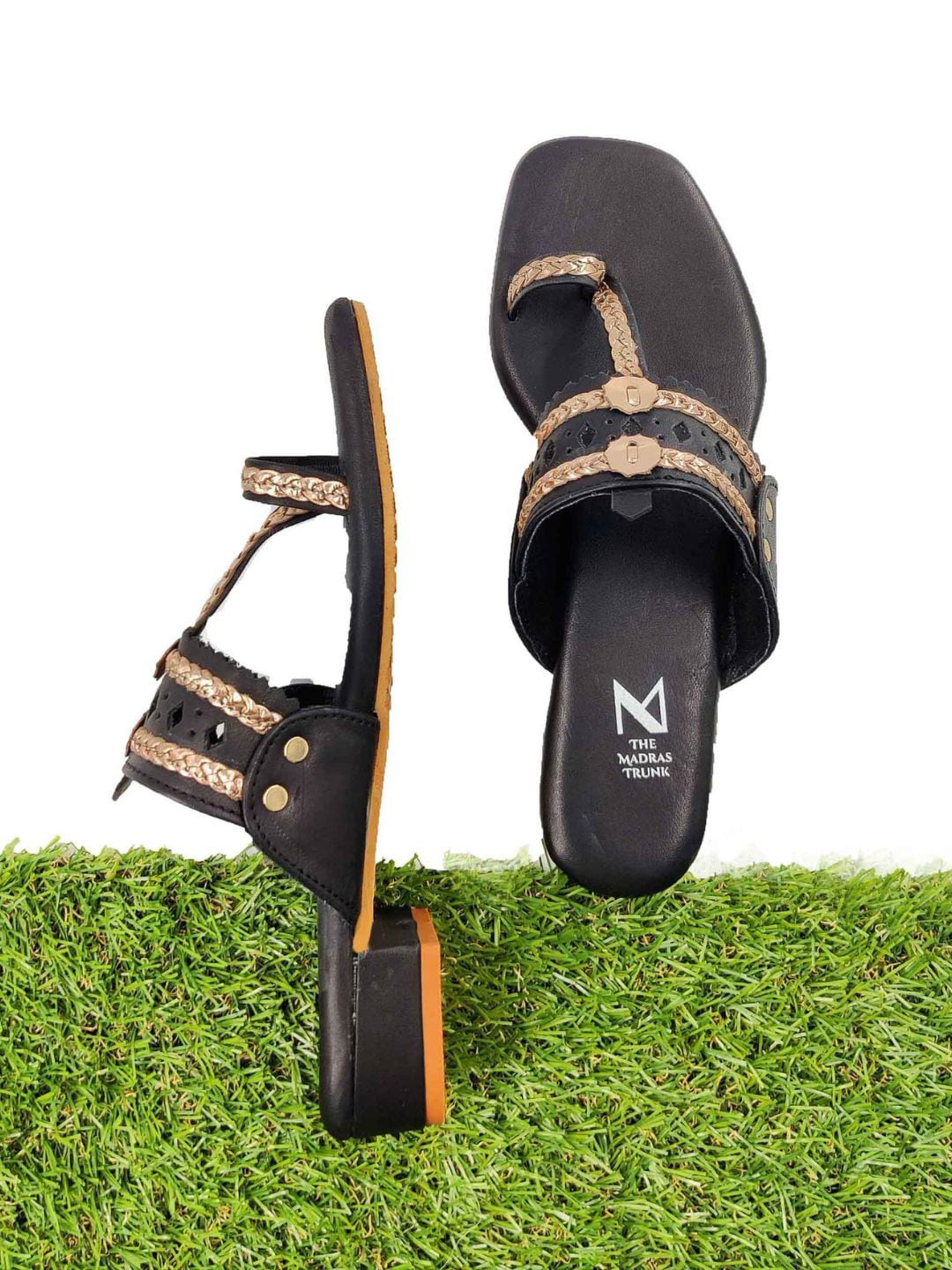 THE MADRAS TRUNK Ethnic Braided Block Heels With Laser Cuts