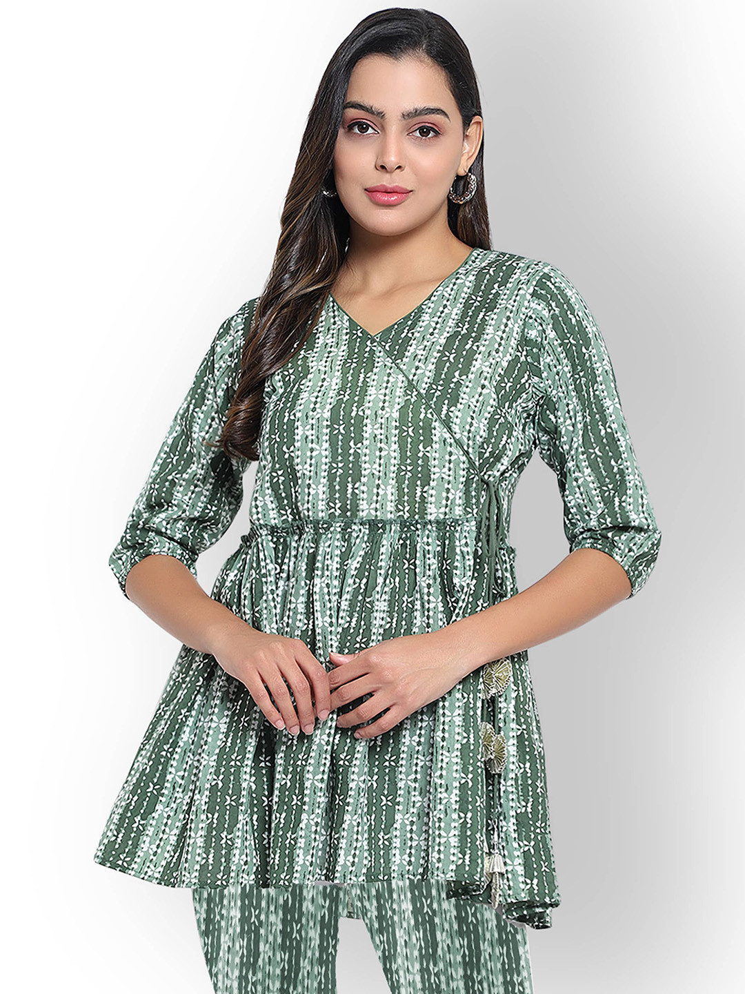 Indietoga Block Printed Pure Cotton Angrakha Kurti With Trousers