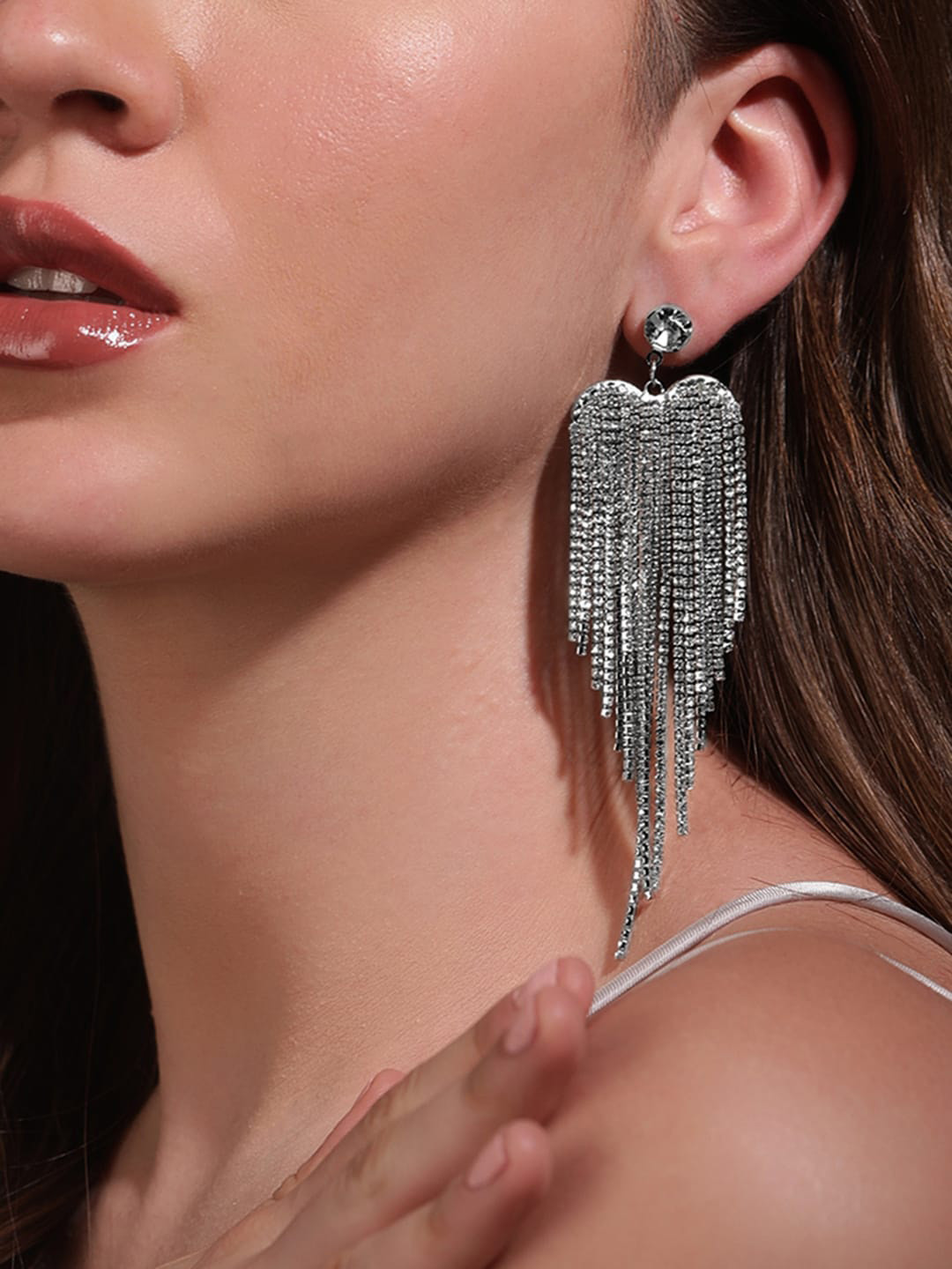Rubans Voguish Silver-Plated Cubic Zicronia Studded Fairy Wing Shaped Tassel Drop Earring