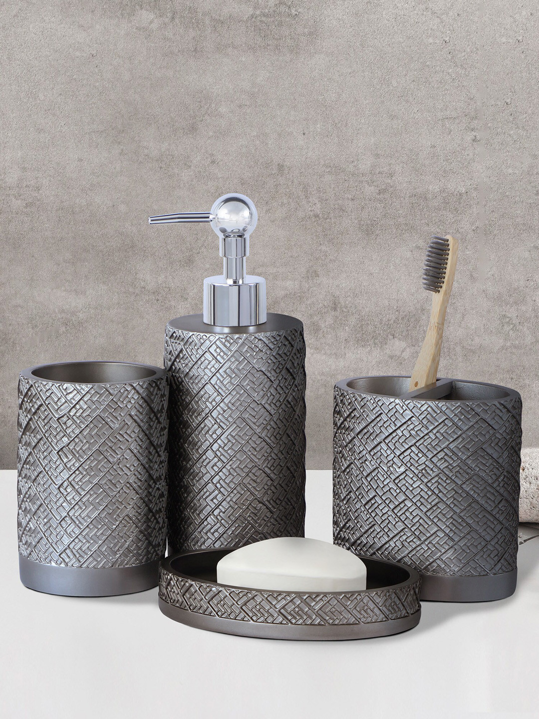OBSESSIONS 4 Pcs Grey Textured Bathroom Accessories Set