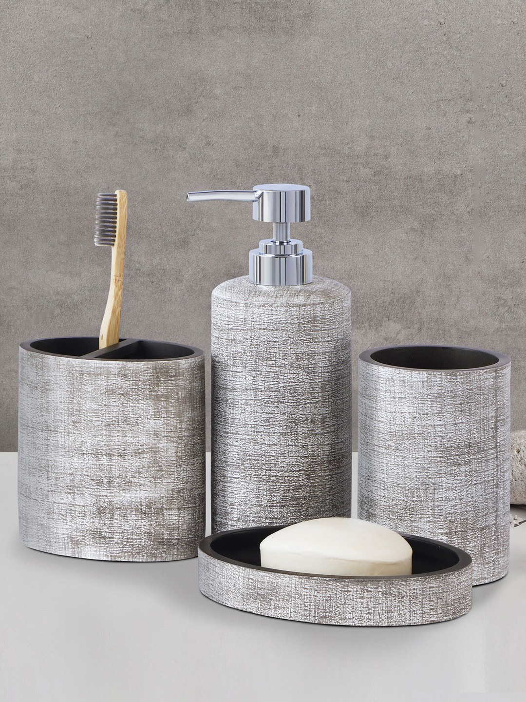 OBSESSIONS 4 Pcs Taupe & White Textured Bathroom Accessories Set