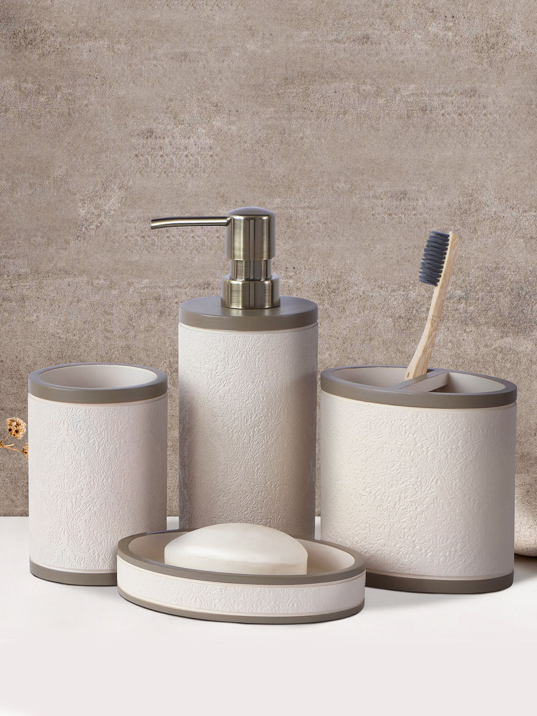OBSESSIONS 4 Pcs Beige & Brown Textured Bathroom Accessories Set