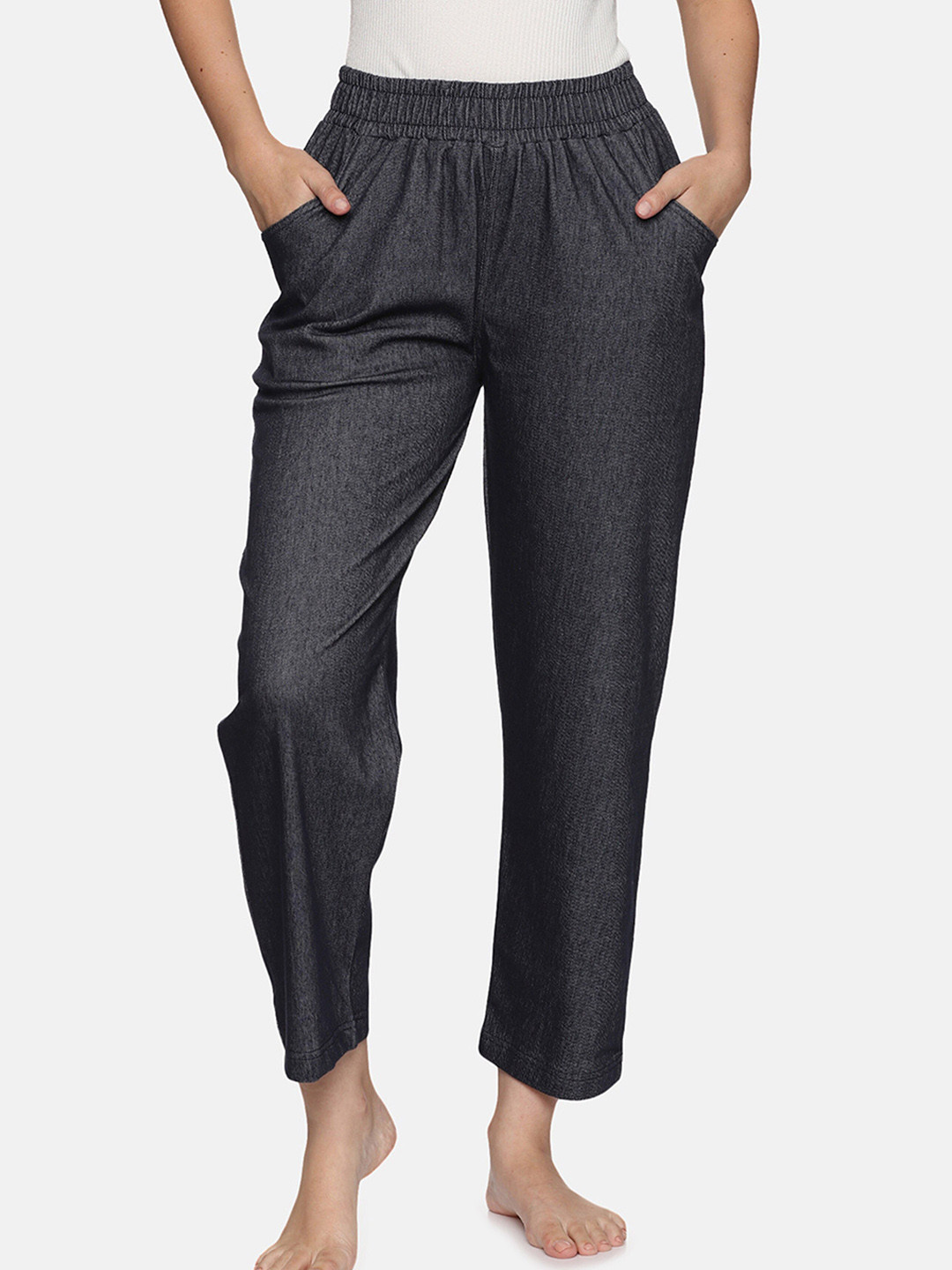 NOT YET by us Women High Rise Relaxed Fit Denim Stretchable Cotton Lounge Pants