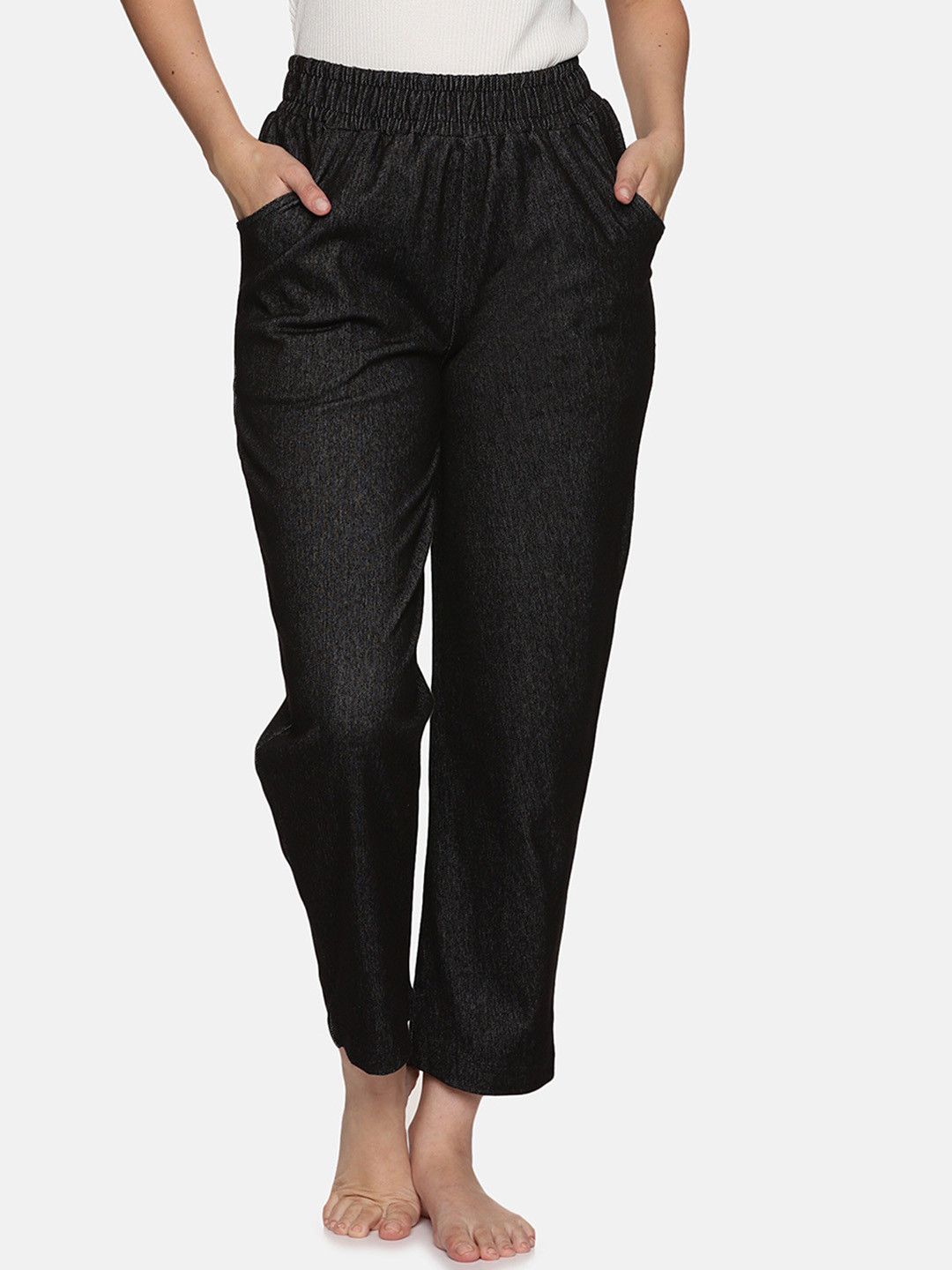 NOT YET by us Women High Rise Relaxed Fit Denim Stretchable Cotton Lounge Pants
