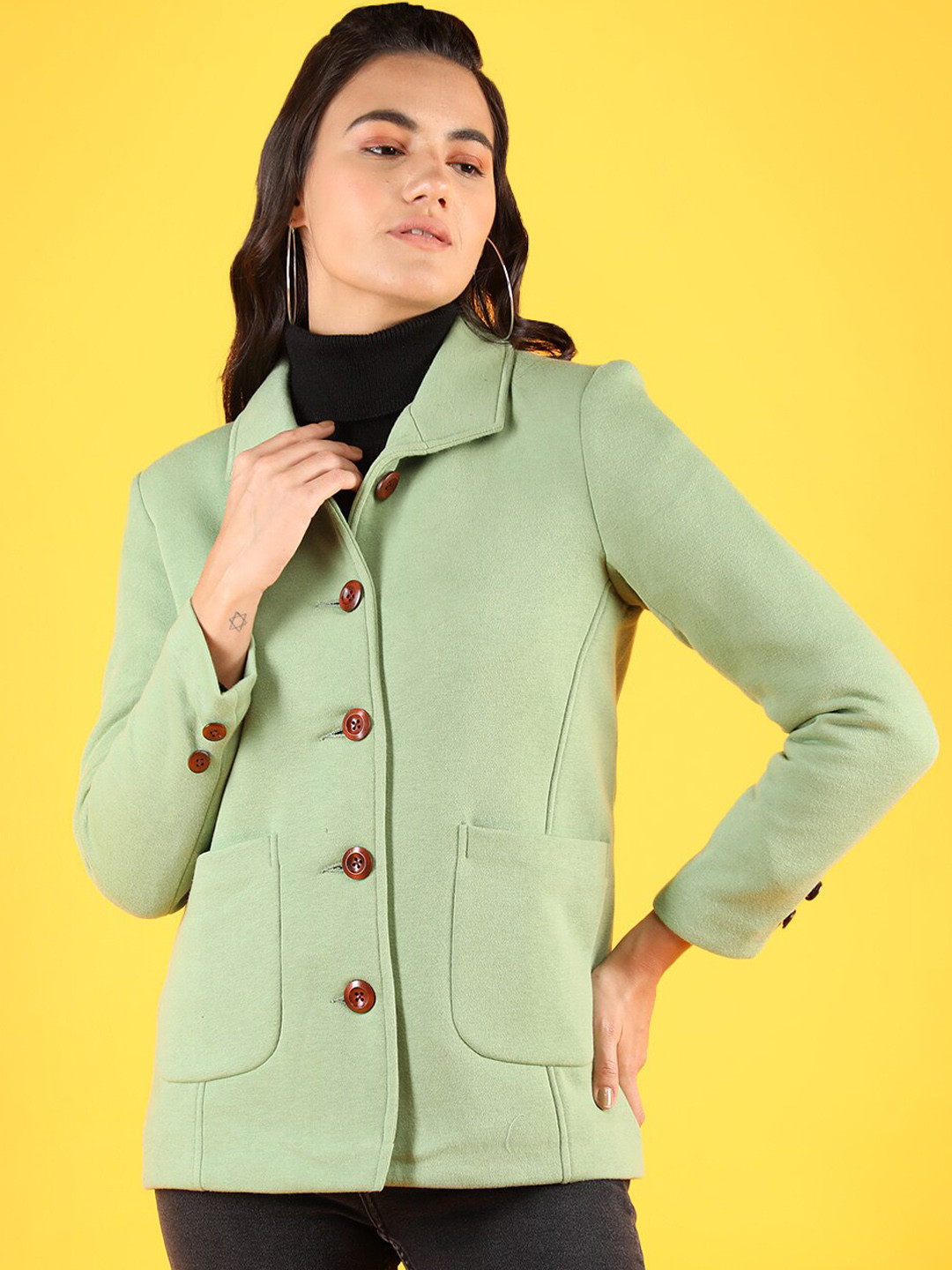 CHKOKKO Spread Collar Long Sleeves Over Coat